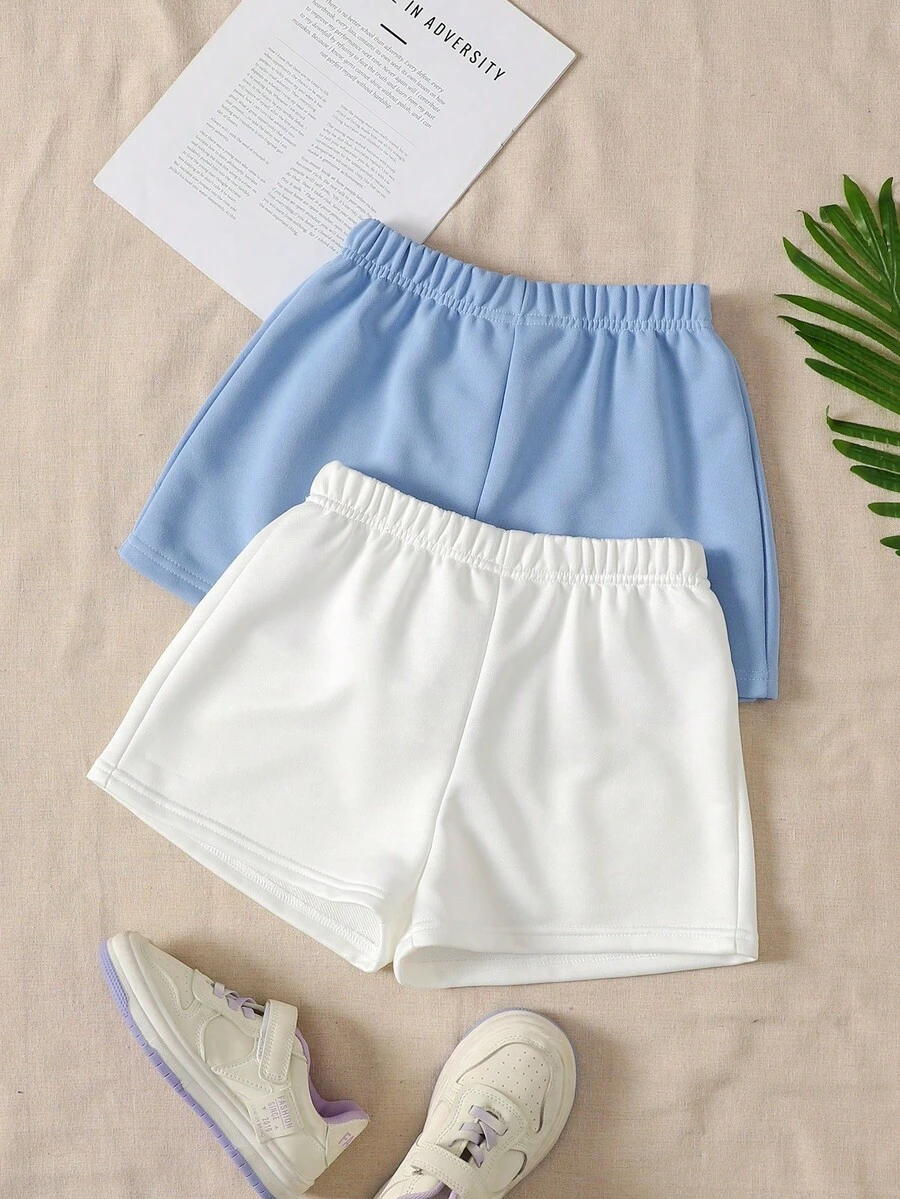 2pcs Tween Girls' Casual Solid Color Knit Wide Leg Shorts - Baby Blue - View 1