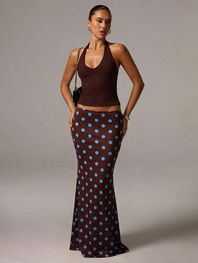 Avenya Knitted Polka Dot Print Fitted Elegant Skirt