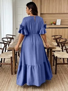 Weeklong Plus Size Casual Solid Color Bow Decor Dress - Blue - View 2