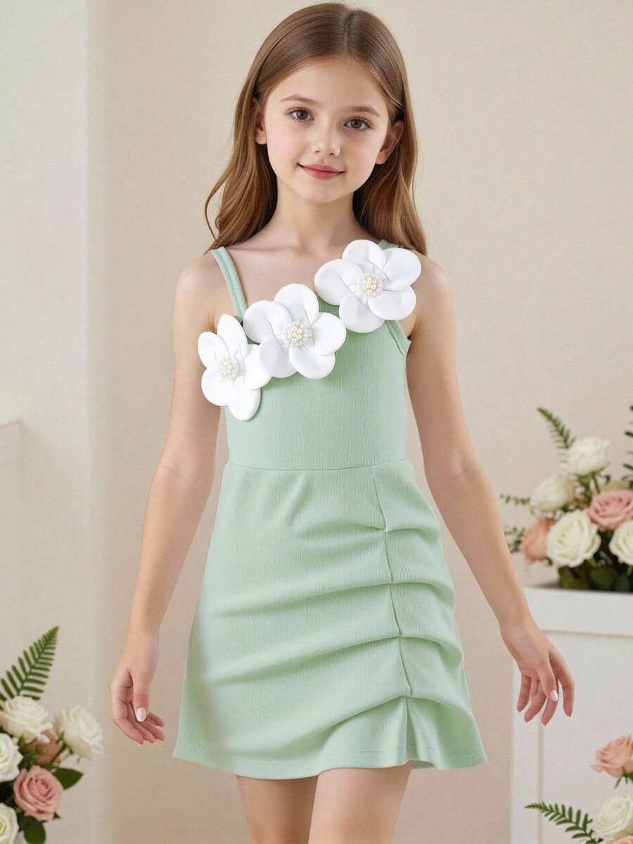 Elladie kids 女童绿色针织罗纹不对称吊带连衣裙,饰有3D立体花朵,优雅时尚的夏季连衣裙 - 綠色 - 查看 1