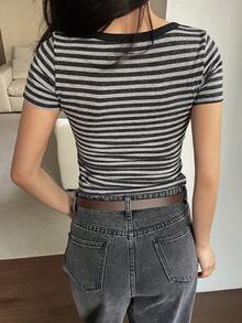 DAZY Women's Crew Neck Contrast Striped Fitted Casual T-Shirt Y2k - Black - View 4