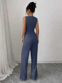 Elenzga Bộ vest và quần không tay thanh lịch dành cho nữ, kiểu dáng công sở/đi làm, mùa hè. - Màu xanh lam - Xem 2