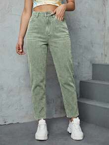 Jeans casuales tipo mom de mezclilla con bolsillos para mujer, para combinar con todo - Verde - Ver 4