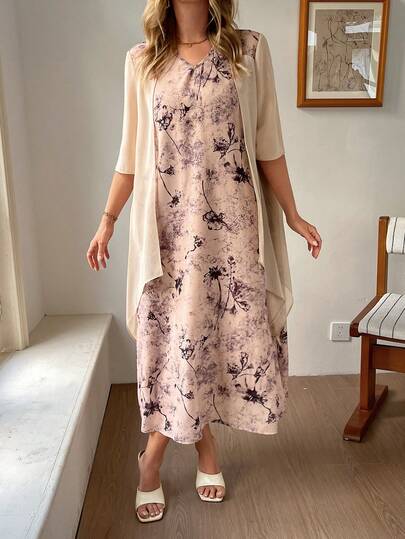 Vivie Lora Women's Chiffon Flowy 2 In 1 Floral Print Elegant Mid-Length Dress