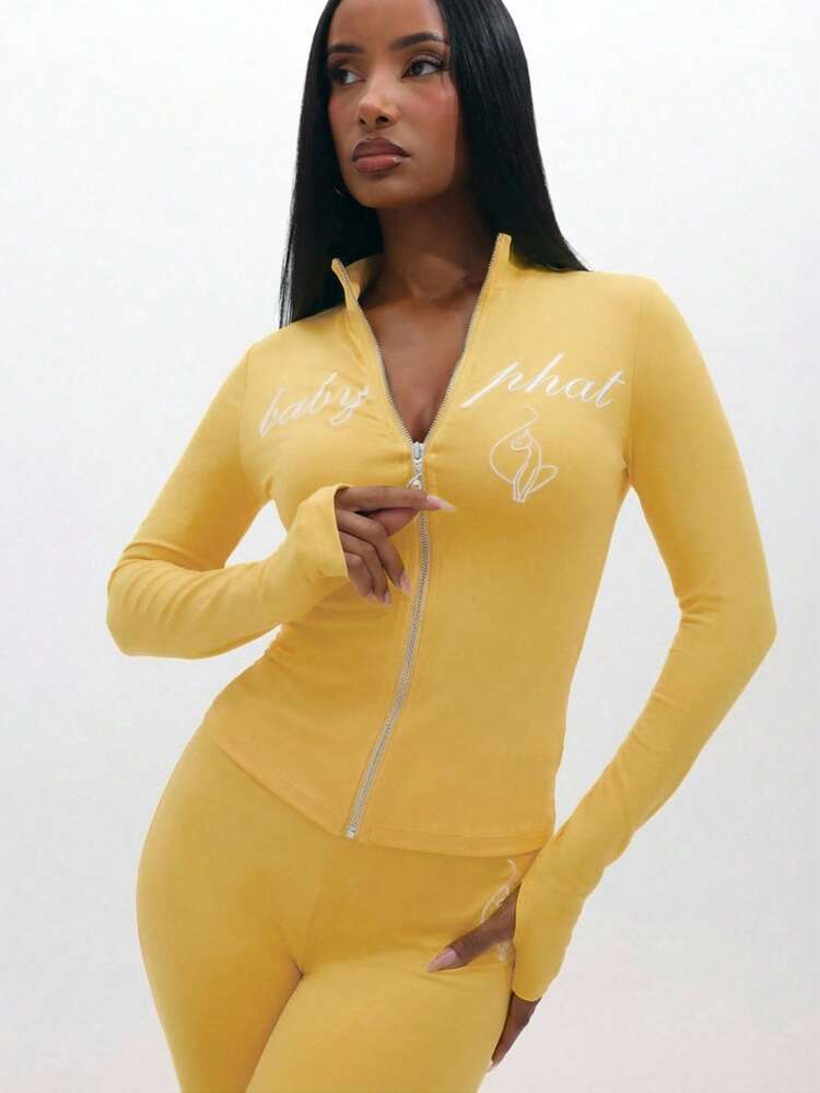 BABYPHAT Long Sleeve Zip Up Top With Script Print And Stand Collar For Casual Everyday Wear
