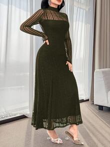 Feyla Elegant Lace Long Sleeve A-Line Dress For Women Black Dresses - Olive Green - View 4