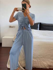DAZY Minimalist Pleated Design Loose Women Pajama Set - Blue - View 3