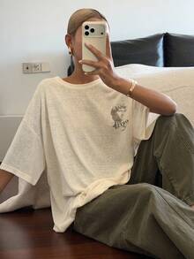 DAZY Women's Summer Round Neck Short Sleeve Sheer Printed Loose Casual Street T-Shirt Graphic Tees Women - Apricot - View 2