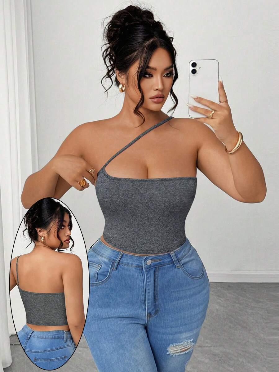 Elenzga Plus Size Women's Sexy Solid Color One Shoulder Top, Summer - Grey - View 1