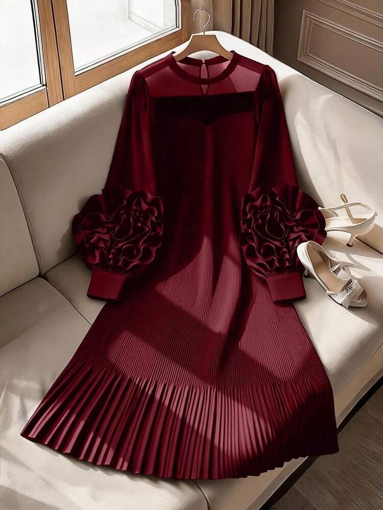 GlowEve CURVE Rochie neagră cu mânecă lungă, plisată, cu imprimeu floral 3D, mărime plus, rochie roșie de vin, rochie vișinie, rochie vișinie, rochie cu mânecă lungă pentru femei, rochie plisată - Burgundia - Vizualizare 3