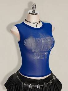 SHEIN ICON Y2k 夏季黑色网纱透视性感水钻亮片女士水钻字母网纱露背紧身吊带背心 - 寶藍色 - 查看 9