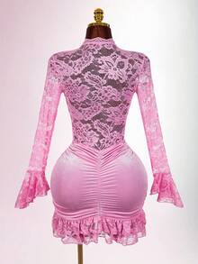 Amplova Christmas Vibe Deep V Waist Cinched Bodycon Mini Dress - Pink - View 2