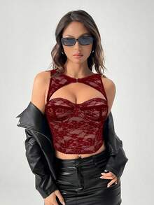 SHEIN PETITE Áo corset có thể tháo rời dành cho lễ hội âm nhạc, buổi hòa nhạc. - Đỏ - Xem 3