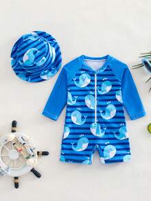 SHEIN Newborn Baby Striped Dolphin Print One-Piece Swimsuit, Beach/Holiday - Blue - View 1