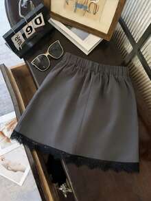 SHEIN Franclia Women's Spring/Summer Lace Trim A-Line Mini Skirt, Office/Commute Wear - Grey - View 2