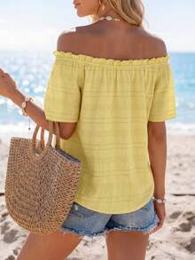 Sylviya Áo sơ mi nữ tay ngắn màu trơn, trễ vai, viền bèo nhún, thích hợp cho kỳ nghỉ. - Màu vàng - Xem 2