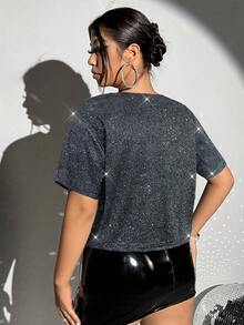 SHEIN ICON 夏季外出亮片短款大码T恤 - 灰色 - 查看 2