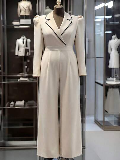 Franclia 休闲百搭通勤卡其色女士连体裤/长裤，纯色长袖修身阔腿优雅连体裤