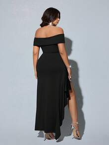 Viva Relle Plus Size Off-Shoulder Side Slit High Stretch Elegant Dress, Suitable For Dates And Parties - Black - View 6