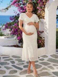 Loomaby 优雅孕妇派对礼服，提花荷叶袖，收腰设计，夏季 - 卡其色 - 查看 5