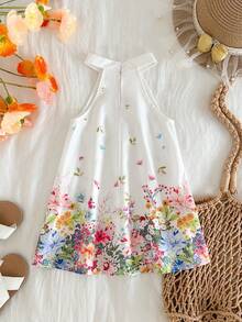 SHEIN 女婴无袖碎花编织A字连衣裙，立领设计，适合度假、休闲、外出、拍照、节日、海滩、夏季穿着，可爱、甜美、优雅、百搭 - 白色 - 查看 2