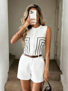 Pariaura Spring/Summer New Arrival Sleeveless Stand-Collar Shirt For Women, Featuring Single-Row Buttons And Geometric Line Details. - White - View 2