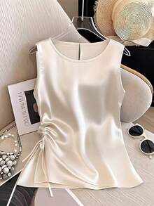 Franclia Women's Casual Satin Pleated Sleeveless Blouse - White - View 1
