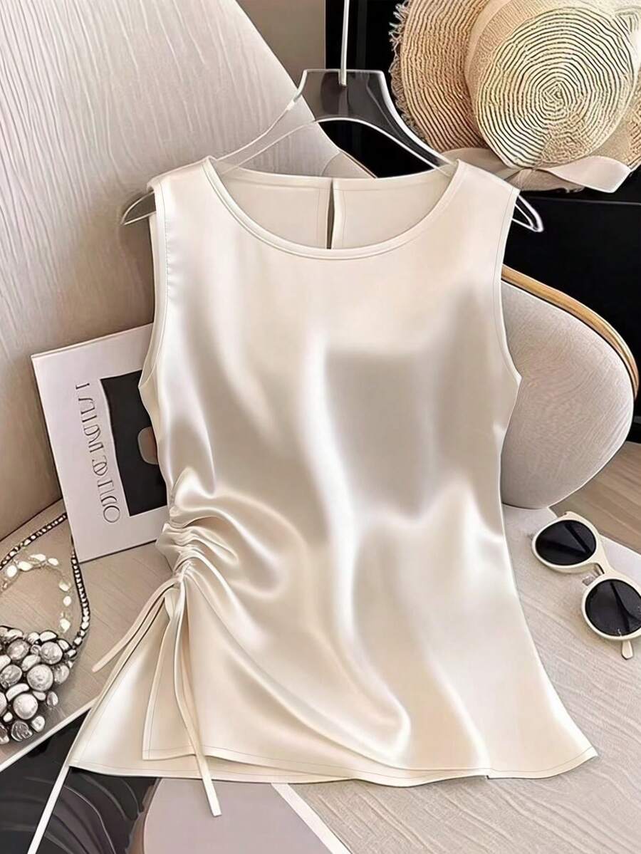 Franclia Women's Casual Satin Pleated Sleeveless Blouse - White - View 1