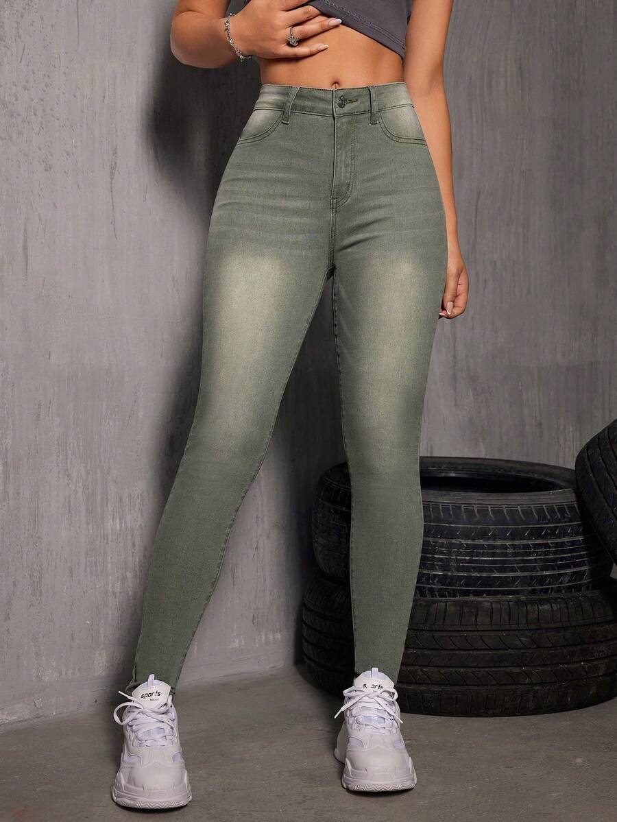 Flexra Quần jean skinny nữ kiểu dáng thường ngày có túi - xanh quân đội - Xem 1