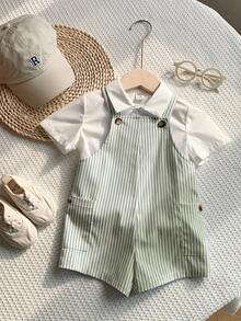 SHEIN 新生儿男女宝宝可爱条纹连体衣，适合春夏室内、室外、日常、运动、玩耍、派对、拍照、度假等各种场合。 - 綠色 - 查看 8
