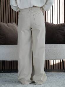 SAYEHFBABY 女式高腰口袋阔腿宽松休闲牛仔裤 - 白色 - 查看 2