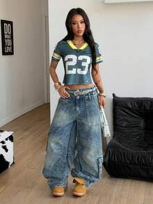 Coolane Women's Casual V-Neck Short Sleeve Numeric Print T-Shirt - Army Green - View 7