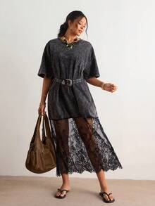 Freevana 波西米亚复古新款深色系做旧T恤连衣裙+蕾丝拼接连衣裙，休闲度假音乐节女式长裙 - 黑色 - 查看 5