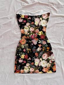 Soleia 女士度假花卉油画印花修身迷你连衣裙，休闲日常百搭，约会、下午茶、海滩、游轮、公路旅行，适合所有季节，婚礼季节，海滩，春夏季度假，游轮，海岛度假，音乐节，波西米亚风度假 - 黑色 - 查看 2