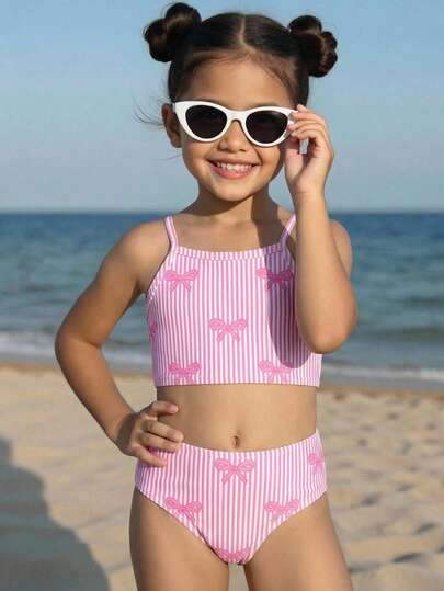 SHEIN Sweet Striped Bow Decor, Beach Vacation Style, Young Girls Casual Slim-Fit Camisole & Triangle Bikini Swimsuit Set, Suitable For Summer Chill Vacation, #Coconutgirl