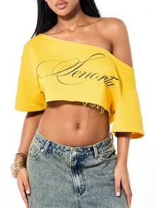 SUMWON WOMEN 露肩短款印花上衣，毛边下摆，印花长袖黄色卫衣，适合休闲周末穿着 - 黃色 - 查看 4