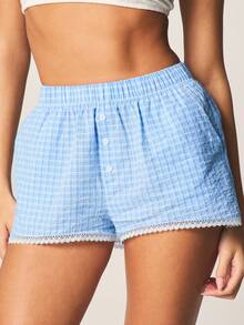 MISSGUIDED Calzoncillos tipo bóxer de algodón cómodos con estampado a cuadros y detalles de encaje delicado en los bordes - Azul - Ver 5