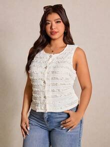 Elaquor Chemise sans manches à volants superposés en jacquard pour femmes grandes tailles - Beige - Voir 6