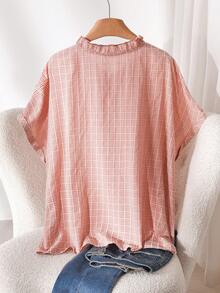 CosyJoli 大码女式花卉蕾丝边衬衫，蝙蝠袖宽松纽扣格子衬衫，休闲春夏短袖复古衬衫 - 紅木色 - 查看 2