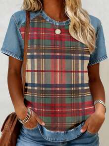 INAWLY Women's Denim-Look Printed Patchwork Crew Neck Long Sleeve Relaxed Fit T-Shirt Colorful Striped Vintage Print Design Perfect For Summer Casual Versatile Style Fashion T-Shirt Stylish T-Shirt Sibling Gift Sister Gift Mom Gift Mother's Day Gift Casual Yet Fashionable Top - Multicolor - View 3