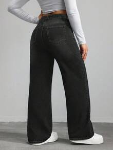 SHEIN CURVE+ 大码女式牛仔蓝色无弹力修身直筒牛仔裤，秋季女装 - 深灰色 - 查看 2