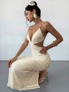 Firerie 女士白色提花串珠系带露背修身开衩连衣裙，性感度假连衣裙，春夏服装，沙滩装，通勤装，优雅，性感，度假，海滩，波西米亚风，夏威夷，音乐节，浪漫，约会装 - 米色 - 查看 6