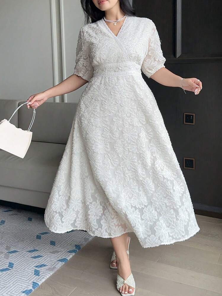 Dazy Plus Plus Size Elegant Solid Color Textured Waist Cinched Puff Sleeve Dress, Summer Sun Dresses For Women