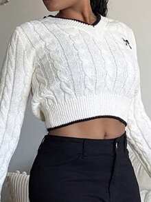 Tyla Gomez 女士时尚刺绣蝴蝶 V 领粗针织短款套头衫，秋冬款 - 米色 - 查看 4