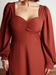 Lupita Cardoza Women's Fall Elegant Square Collar Puff Sleeve Waisted Maxi Dress, Suitable For Daily Commute - Brown - View 6