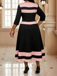 SHEIN Lady 大码优雅通勤撞色条纹连衣裙 - 彩色 - 查看 2