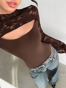 Aloruh 女士优雅圆领蕾丝拼接镂空酒红色连体衣 - 棕色 - 查看 7
