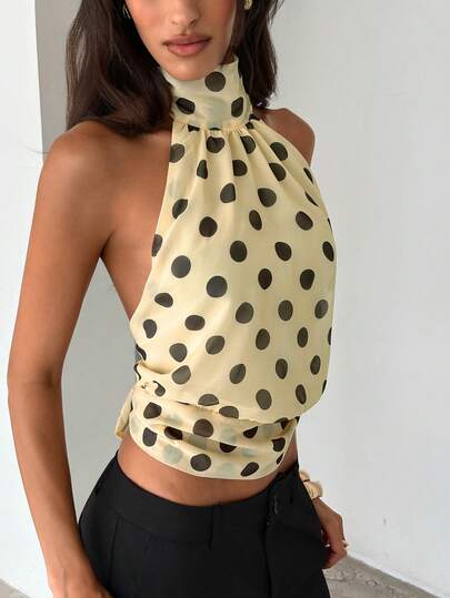 Aloruh Women's Elegant Round Neck Tie Halter Backless Polka Dot Print Blouse,Spring Outfit Women,Going Out Top, Going Out Tops For Women ,Elegant Blouses For Women,Sexy Top Women,Summer Top,Patrick's Day Women,Elegant Blouses For Ladies,Polka Dot Top