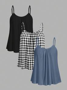 SHEIN EZwear 3件套加大码女式褶皱宽松吊带背心，黑色+雾霾蓝+黑白格子图案，可调节肩带，适合春夏穿着 - 彩色 - 查看 9