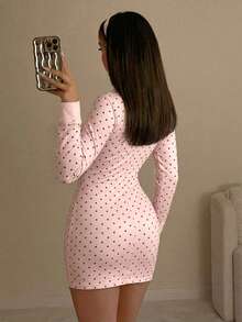 SHEIN ICON 女士修身黑白波点撞色领星期三迷你连衣裙 - 淺粉色 - 查看 2